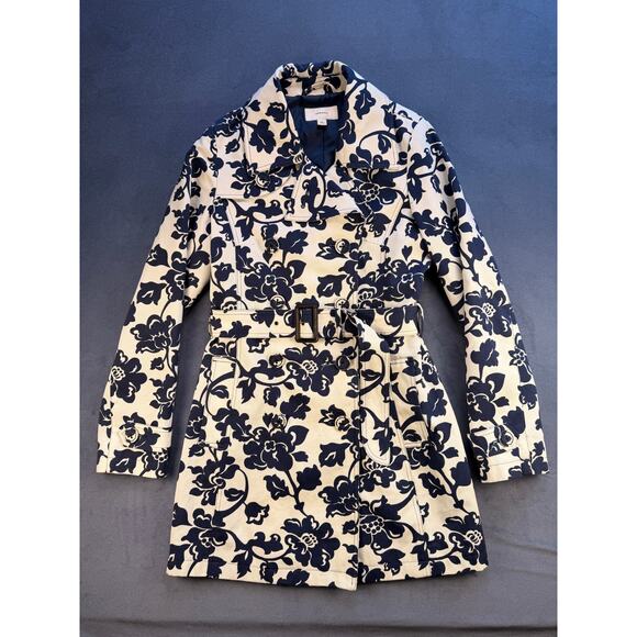 Merona Trench Coat/Jacket Blue Floral with Belt/Double Buttons / Women's S - Picture 1 of 11